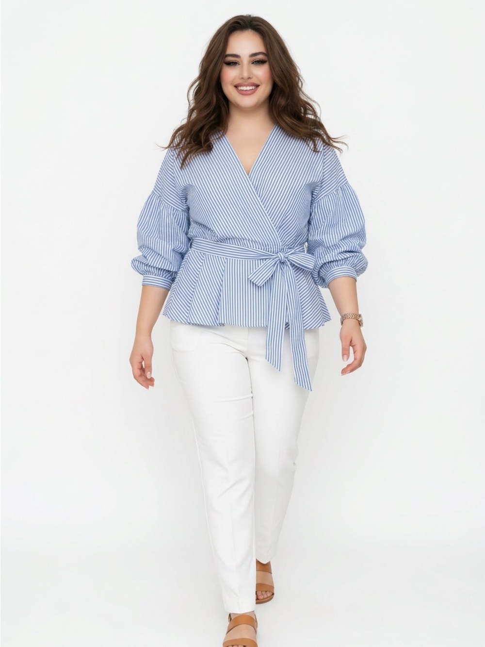 Blue & White Striped Wrap Peplum Blouse